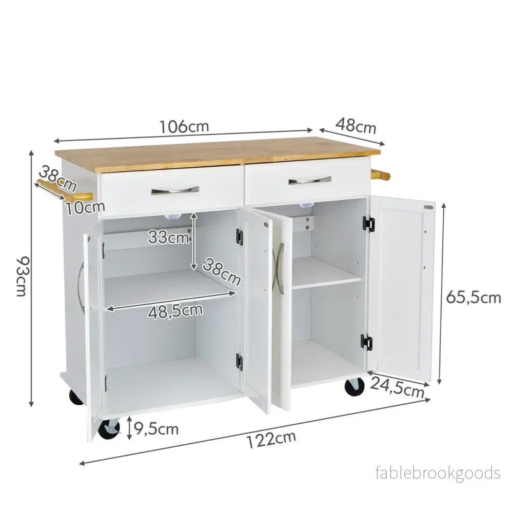 Rolling – Kitchen Island Cart med gummiträ bänkskiva dörrars serveringsvagn – 4 122 x 48 x 92,5 cm – Vit - Bild 3