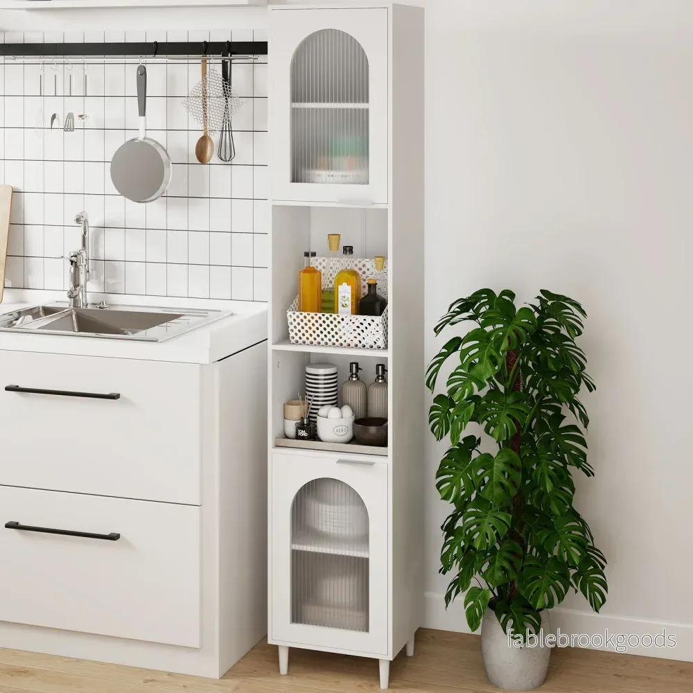 Hög – badrumsskåp smal hemorganisatör med två räfflade glasdörrar fristående – Vit - Bild 3