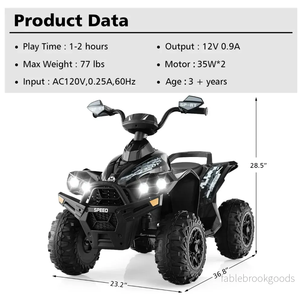 12V – el quad med musik tuta och LED strålkastare elektrisk – Svart - Bild 2