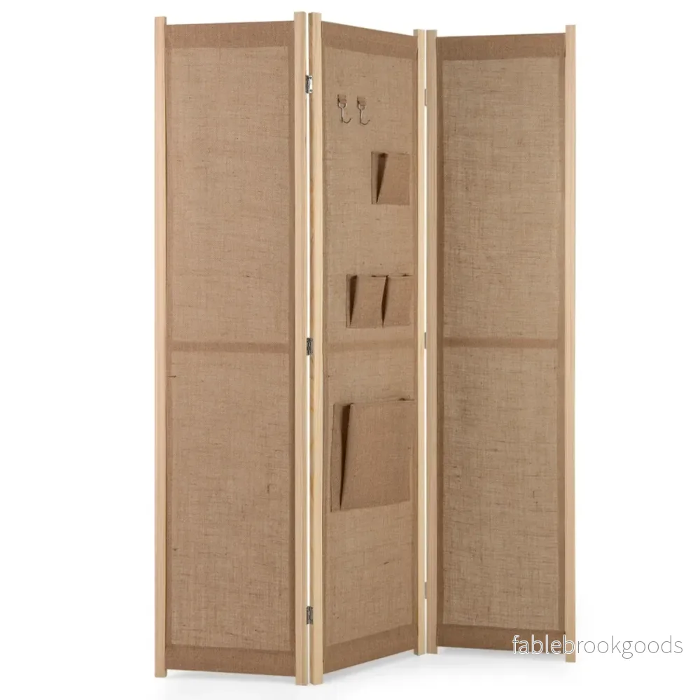 Paravent – med krokar och förvaringsfickor rumsavdelare skiljevägg – 2 4 170 x 121 cm – Natur
