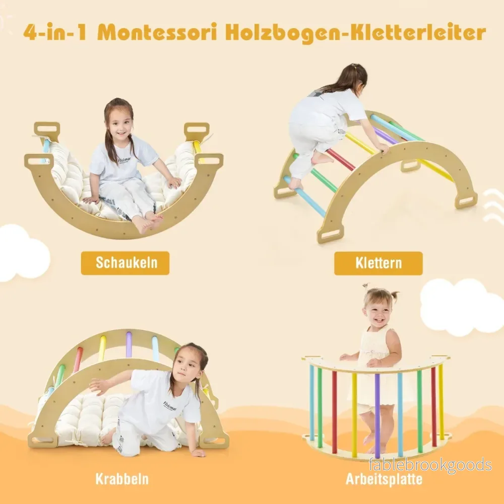 Träklätterbåge – med mjuk kudde för gungbräda och klättring krypande klätterställning – Färgglad - Bild 3