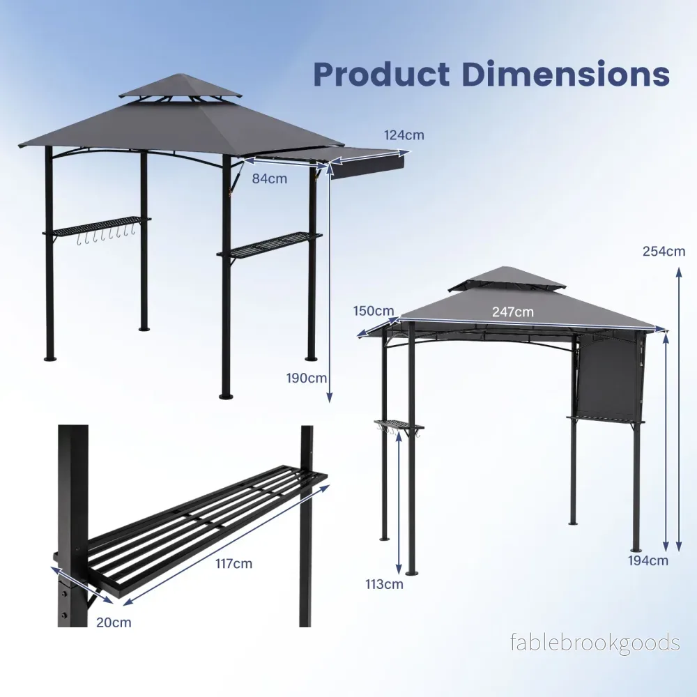 Grillpaviljong – med dubbelt tak och utdragbar sidomarkis Trädgårdspaviljong metallhyllor – 247 x 150 x 254 cm - Bild 2