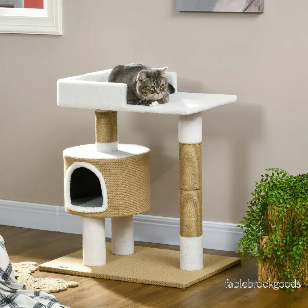 Kattträdskrapstolpe, 79 cm med grotta och säng, jute - Bild 2