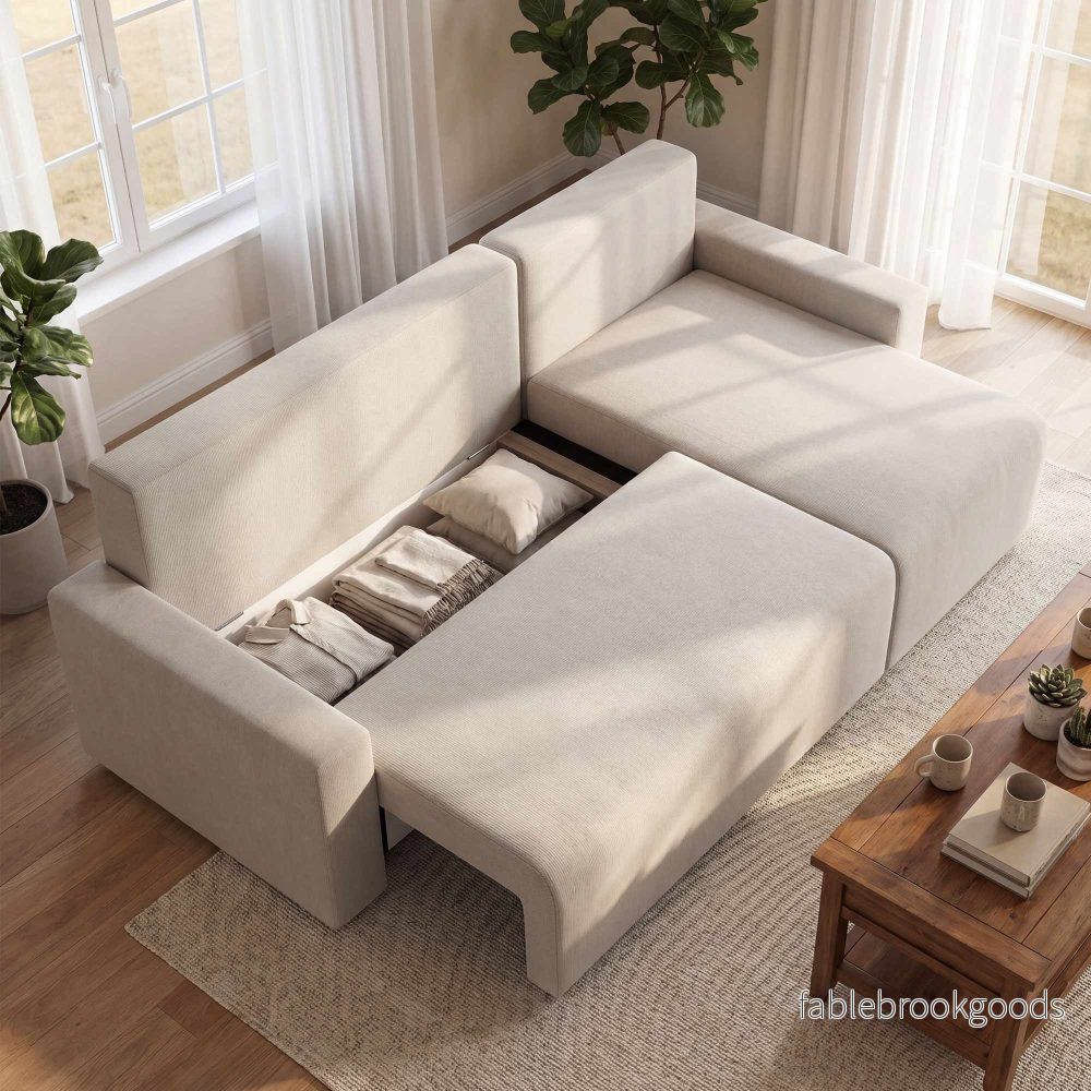 L-formad bäddsoffa med förvaring, vändbar schäslong – beige - Bild 2