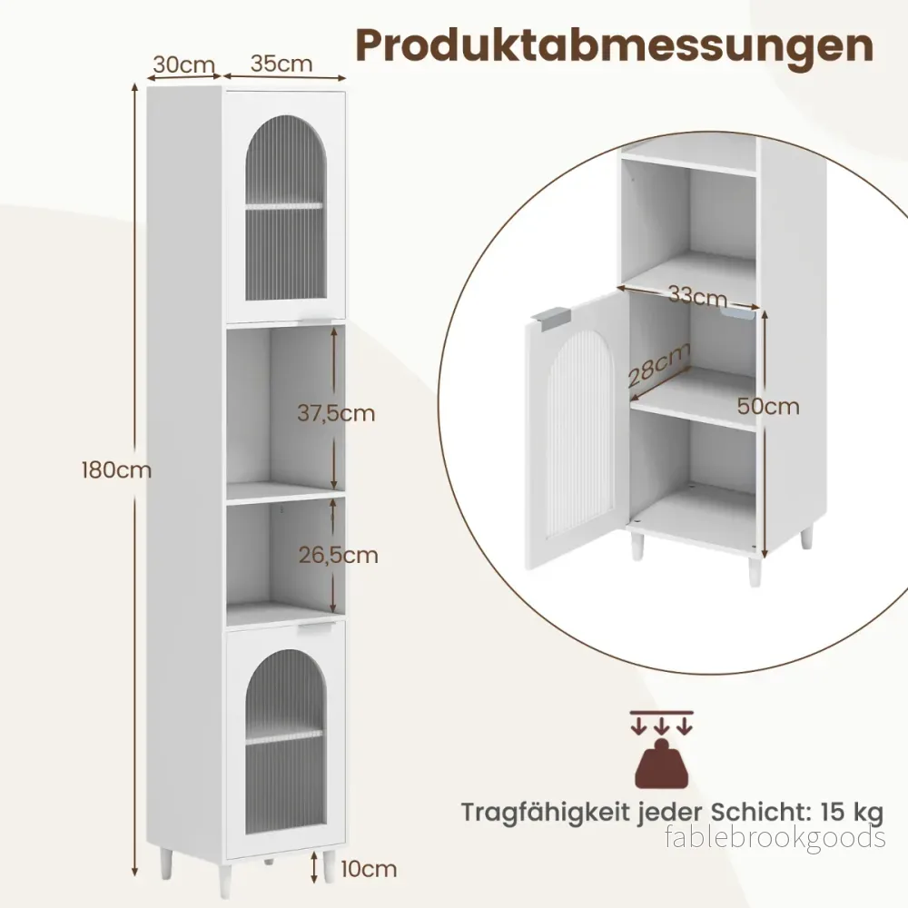 Hög – badrumsskåp smal hemorganisatör med två räfflade glasdörrar fristående – Vit - Bild 2