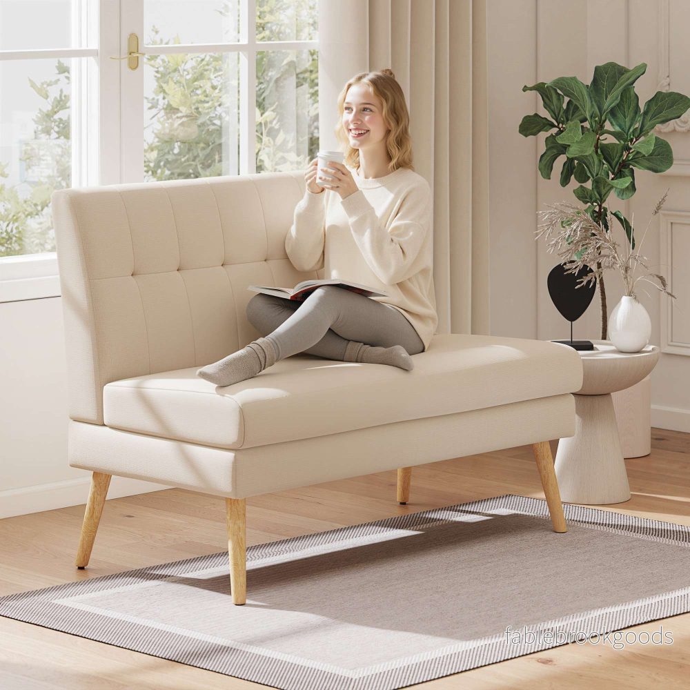 2-sitssoffa, tuftad rygg, träben, linne-look, beige - Bild 2