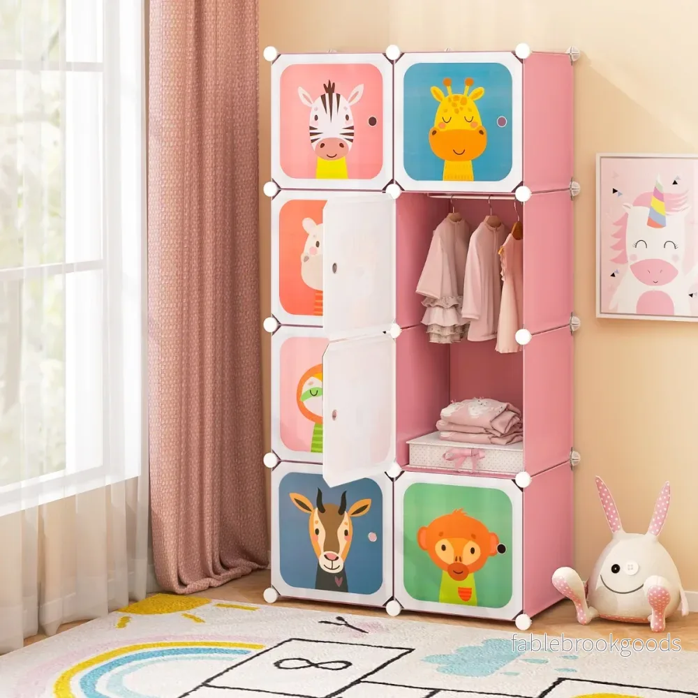 Garderob – för Barn Babyskåp med Kub och Hangområde söt Tecknad Byrå – 8 – Rosa - Bild 3