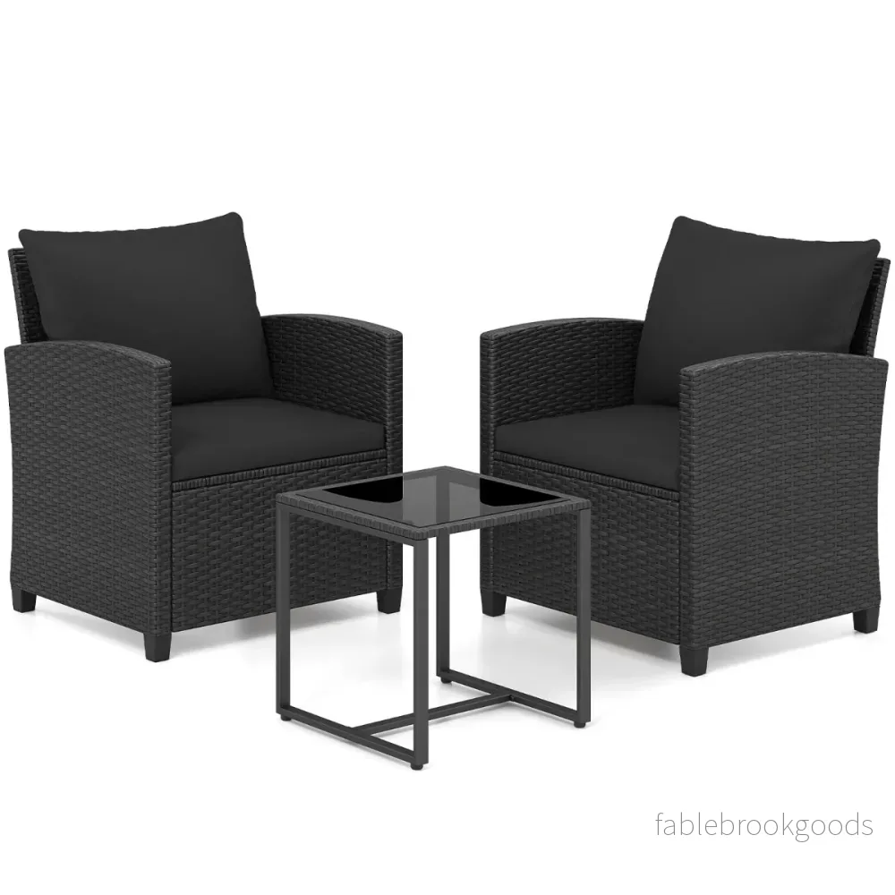 Rattan – Trädgårdsmöbelsätt Inkl. Stolar Med Kuddar och GlasbordUtomhus Sittgrupp – 2 – Svart