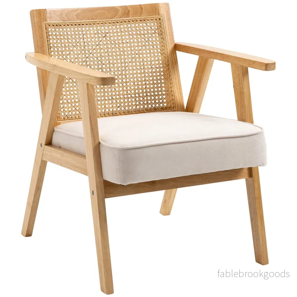 Exotisk stoppad stol, gummiträ, sittdyna i linnelook, 63L x 69W x 78H cm, krämvit