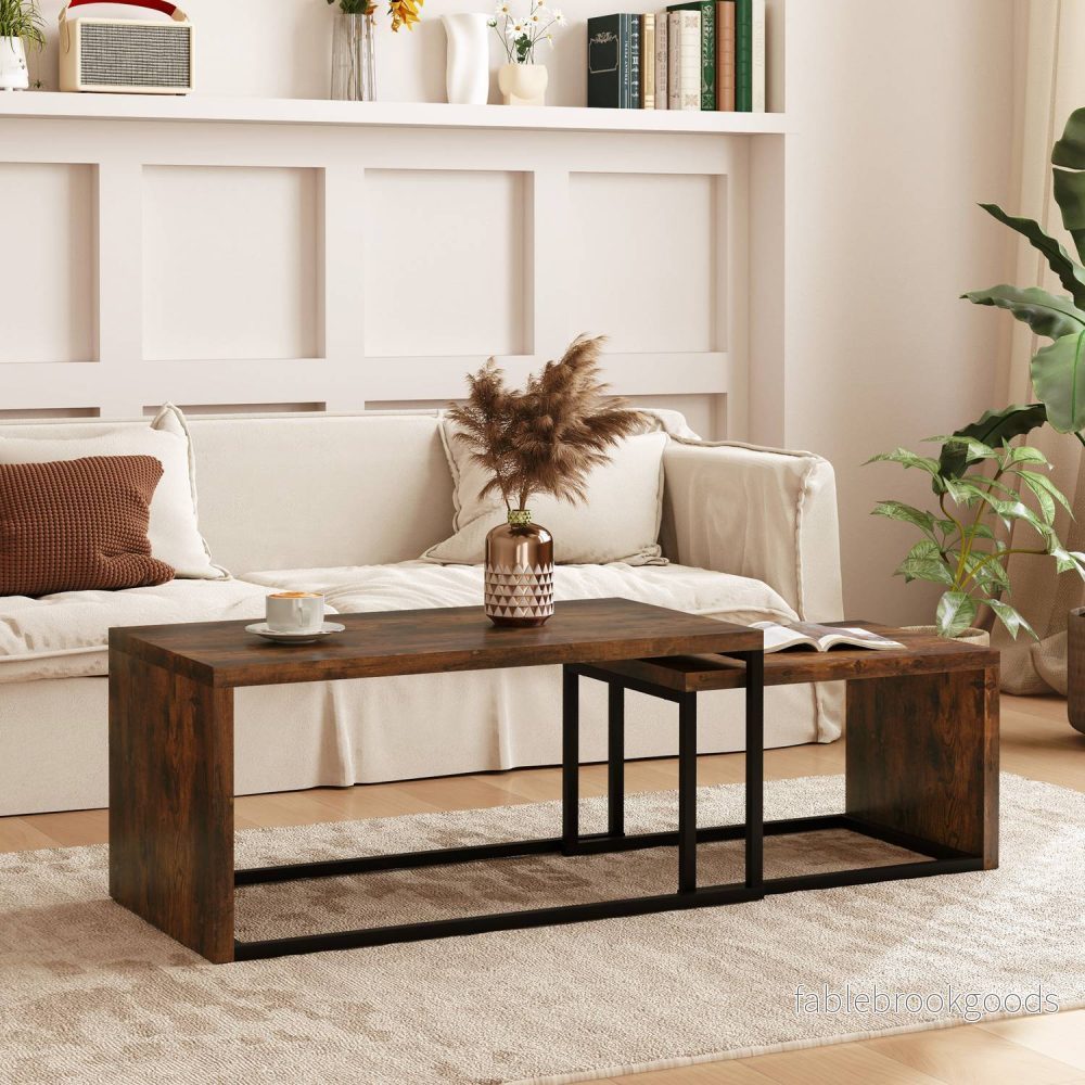 Multifunktionellt soffbordsset – svart & brun metallunderrede - Bild 2