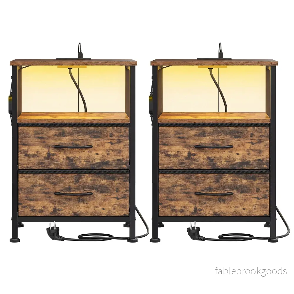 Nachtkastje – Set van 2 – Ledverlichting – 2 Lades – Bruin Nachtkastje – Set van 2 – Ledverlichting – 2 Lades – Bruin