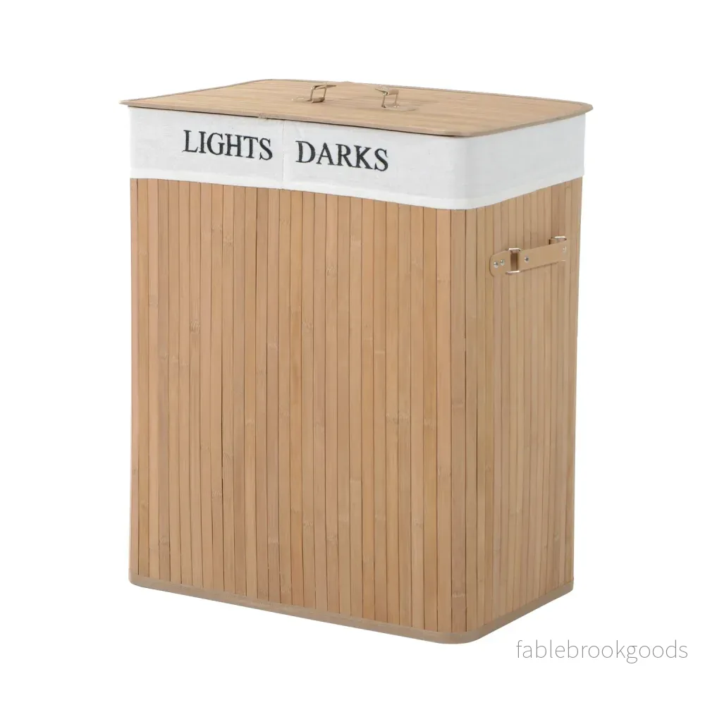 Tvättkorg med lock, bambu ram, 100L kapacitet