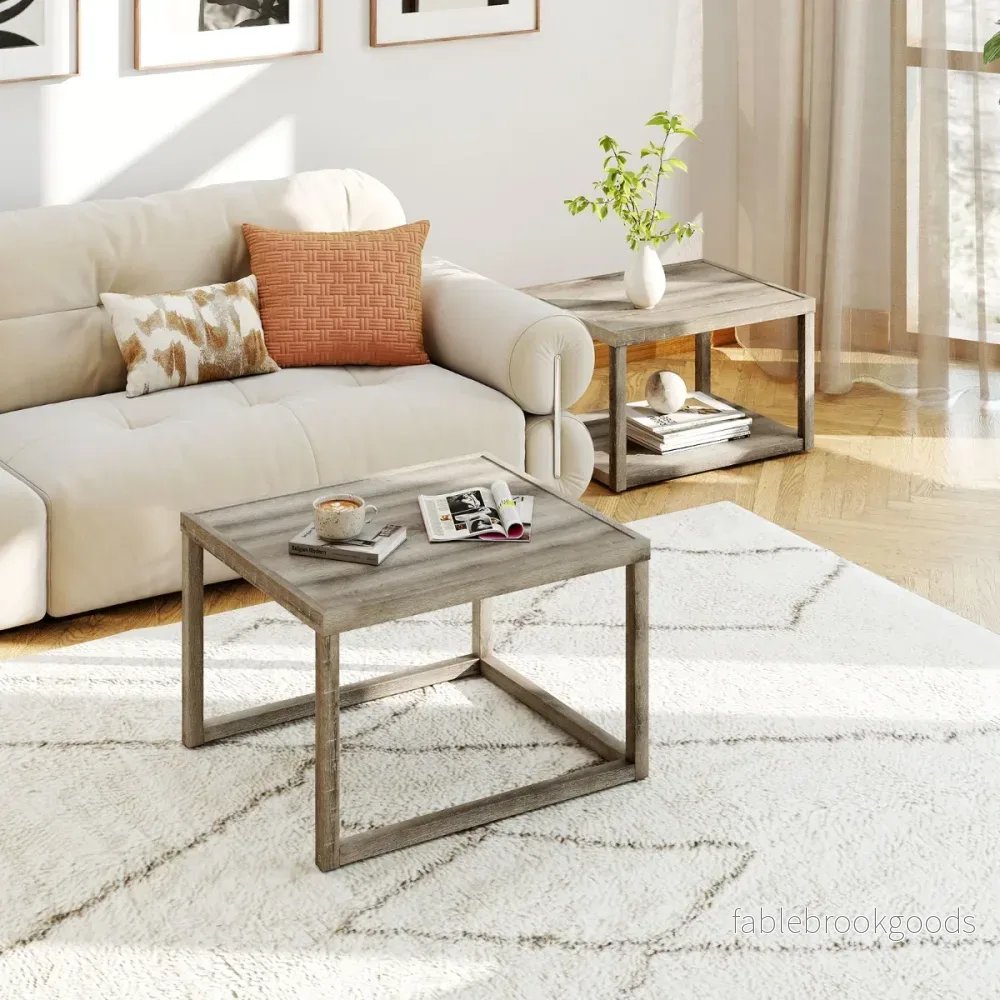 pack – rektangulära stapelbara soffbord med förvaringsyta, sidobord i lantlig stil – 2 – Grå - Bild 3