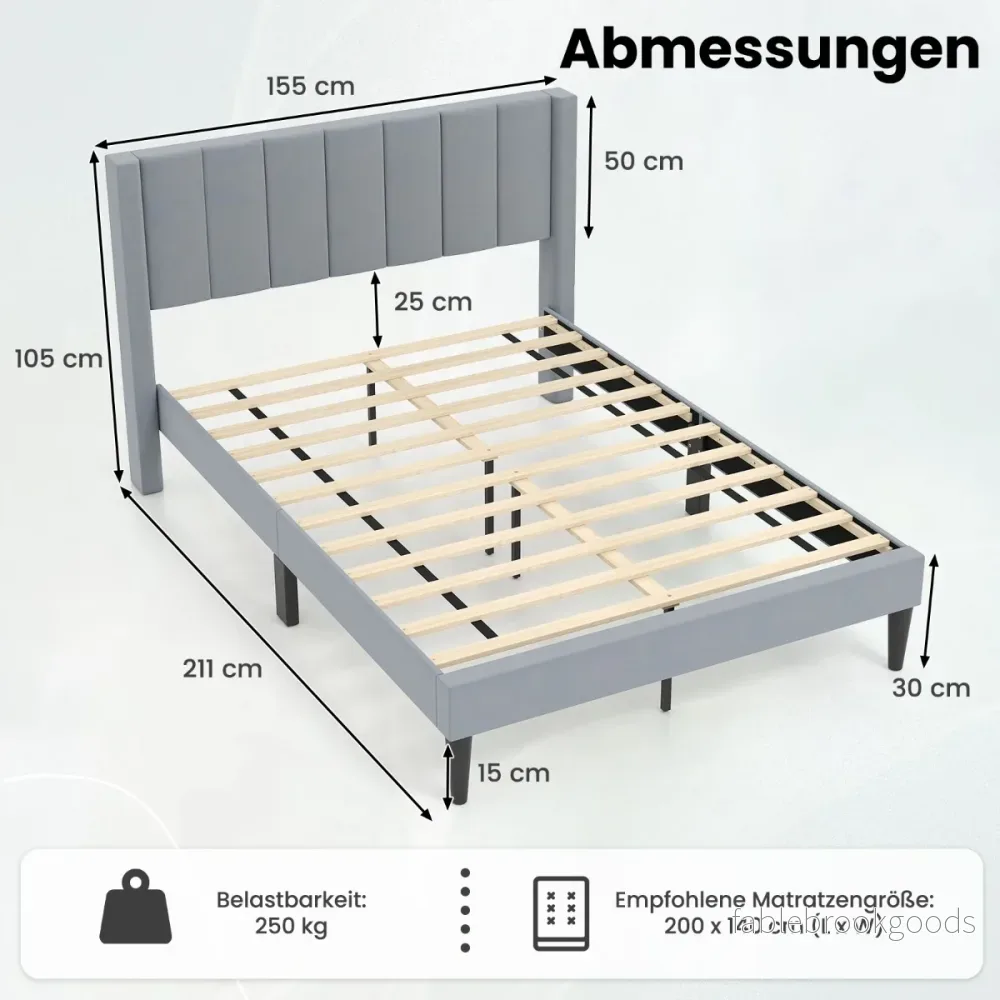 Polstret – dubbelsängsram för madrass plattformssäng med huvudgavel sängram – 200 x 140 cm – Grå - Bild 2