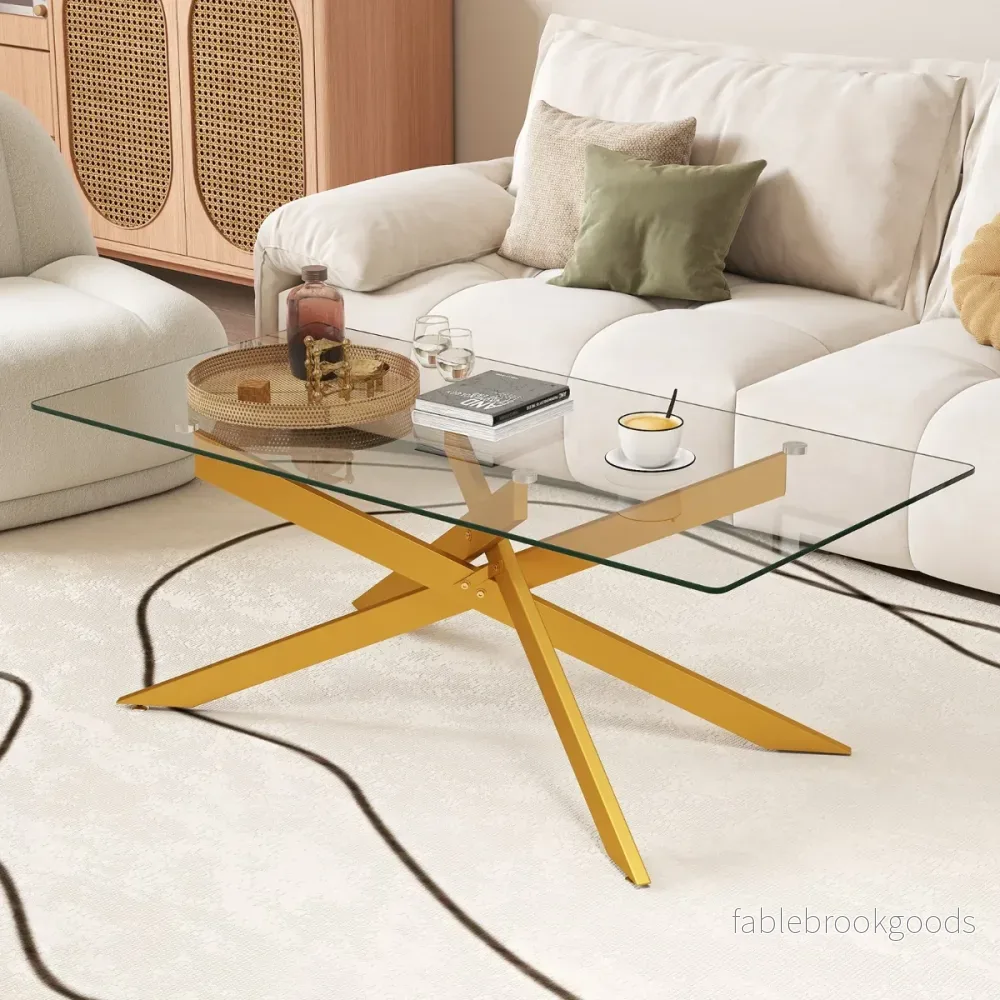Soffbord – i Härdat Glas Rektangulärt Moderne Kaffebord – 120 x 60 x 45,5 cm – Guld - Bild 3