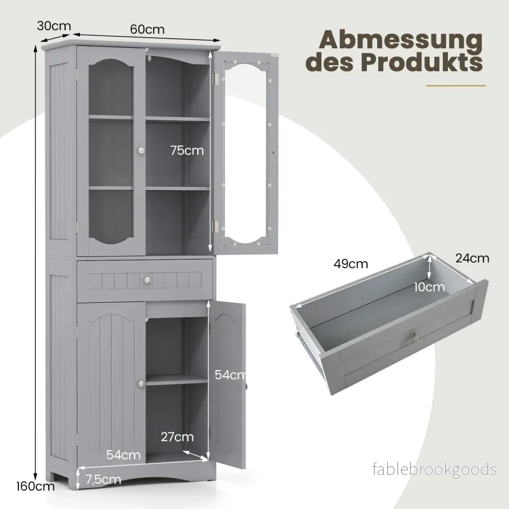 Badrumsskåp – fristående högskåp med dörrar och låda – 4 60 x 30 x 160 cm – Grå - Bild 2