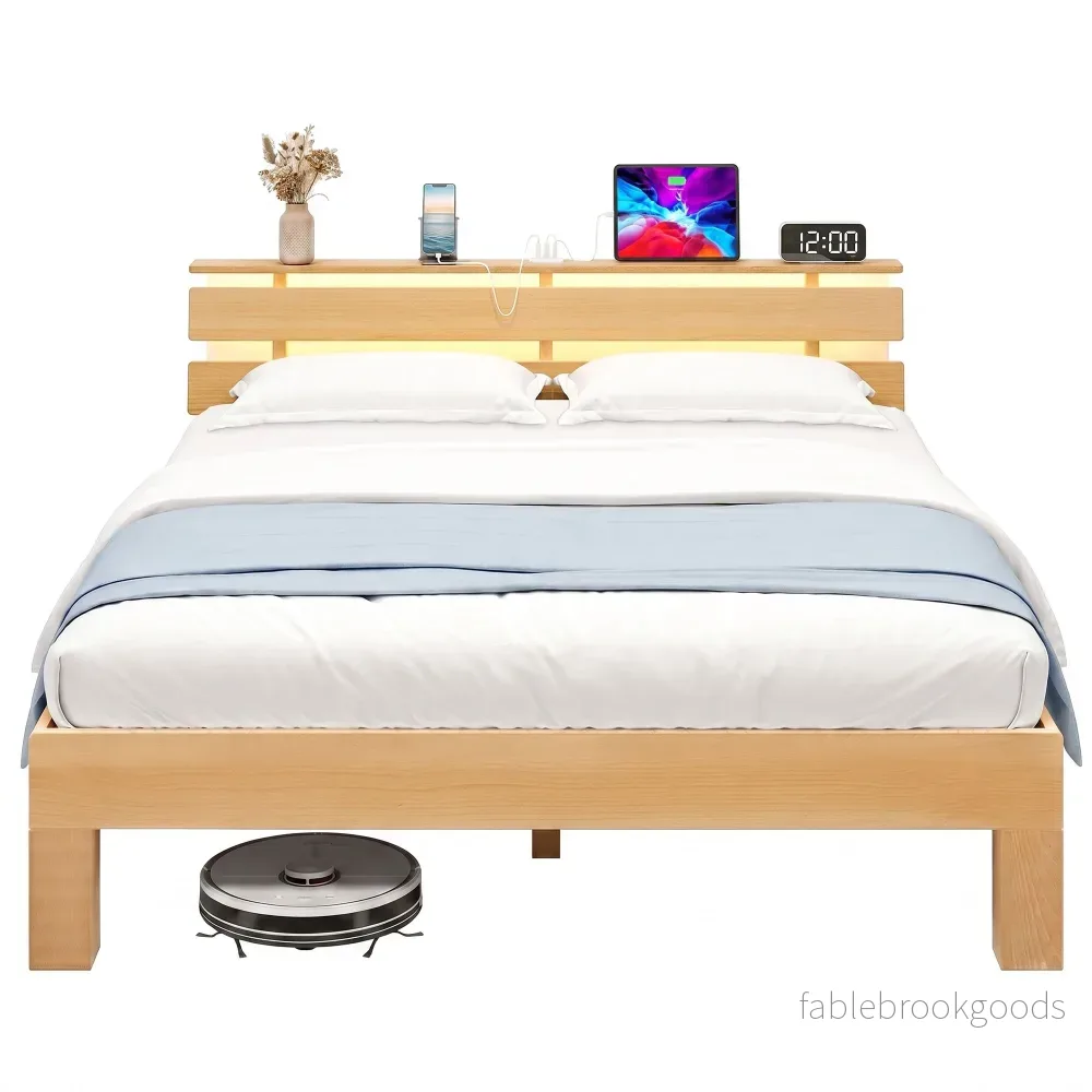 Bedframe – Van Massief Beukenhout – Hoofdbord met LED en USB – Naturel – 221,2 x 144,5 x 78 cm Bedframe – Van Massief Beukenhout – Hoofdbord met LED en USB – Naturel – 221,2 x 144,5 x 78 cm