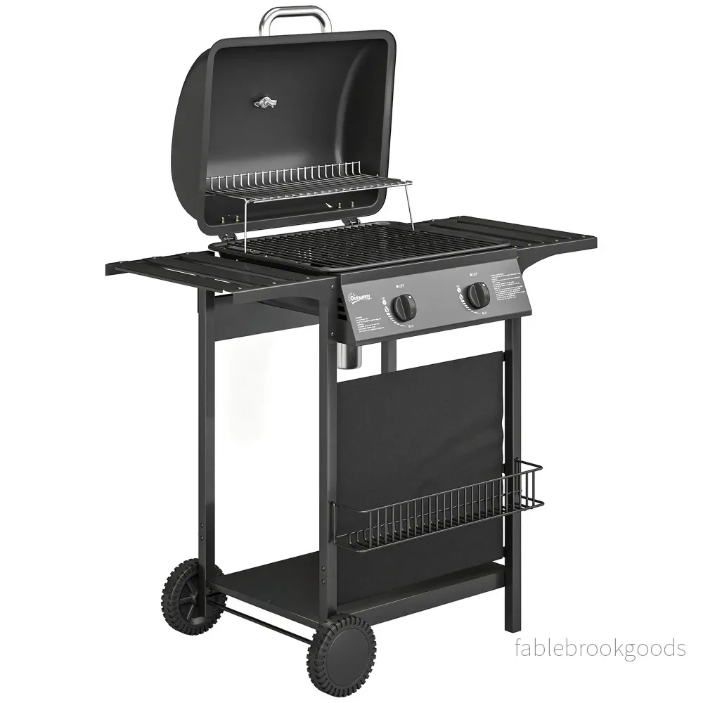 Gasgrill 5kW, 2 brännare, rostfritt stål, sidobord