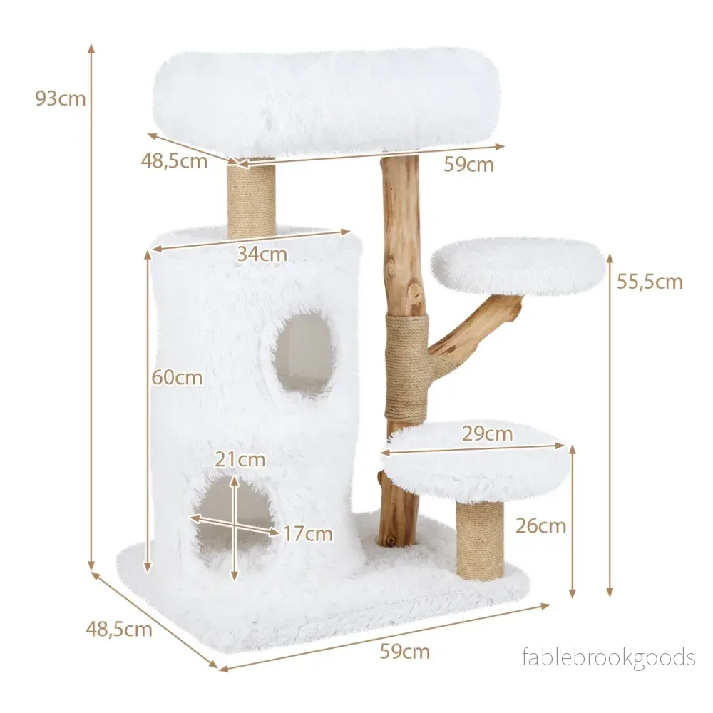 Träklösställ – med Plyschplattformar och vånings kathus Juteklösstolpe kattställ – 2 – Vit - Bild 2