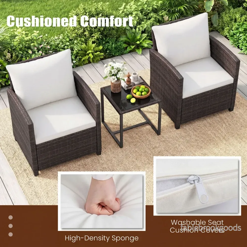 Rattan – Balkongset inkl. stolar med kuddar och glasbordUtomhus sittgrupp Balkongmöbler – 2 – Beige - Bild 3