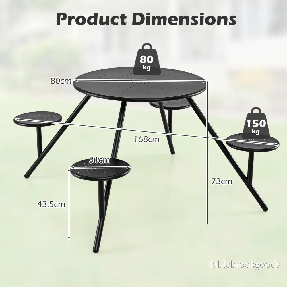 Picknickbordset – för fyra personer, runt metallträdgårdsbord med hål parasoll och stolar - Bild 2