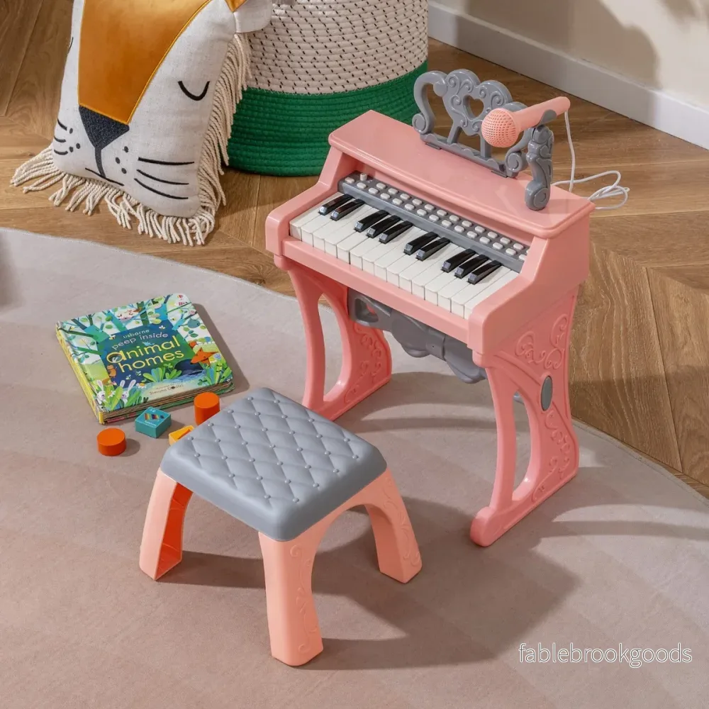 Mini – tangentbord med pall och notställ mikrofon elektriskt piano – 25 – Rosa - Bild 3