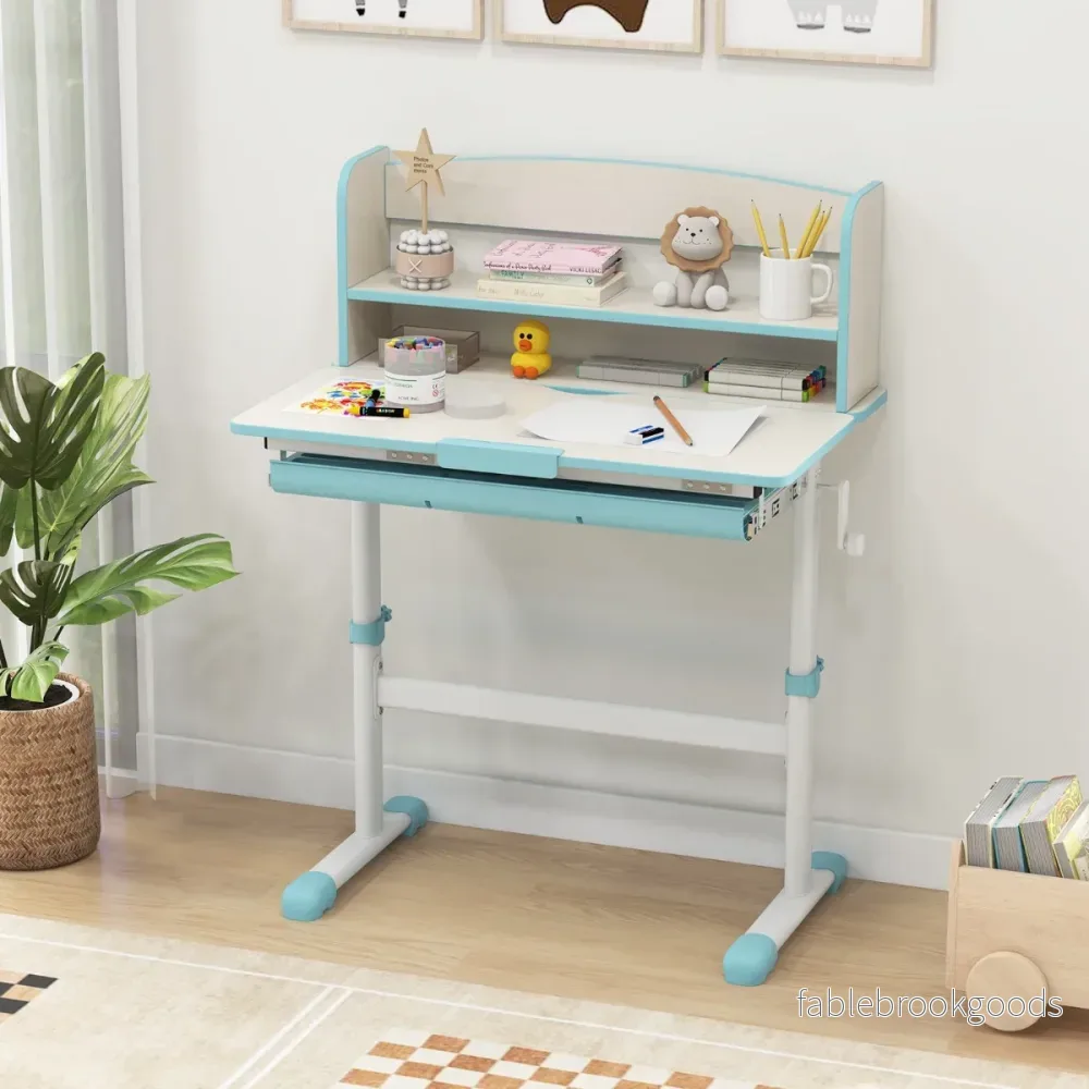 Höjdjusterbart – skrivbord med fällbar bordsskiva och låda hylla barnstudiebord – Blå - Bild 2