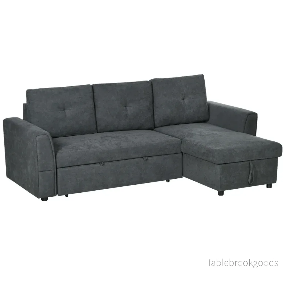 Bäddsoffa med schäslong, 3-sits, mörkgrå
