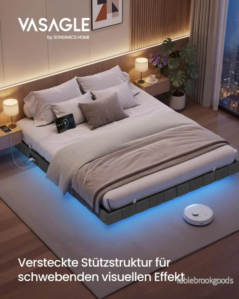 Bedframe - 180 x 200 cm - zwevend effect - ledverlichting - gestoffeerde zijpanelen - 2 stopcontacten - 2 USB-A-poorten - 1 USB-C-poort - leigrijs - maximale draagkracht 500 kg - Bild 2