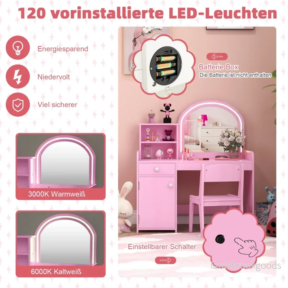 i – sminkbord för barn med pall och LED lampor spegel låda kosmetiskt – 2 1 – Rosa - Bild 2