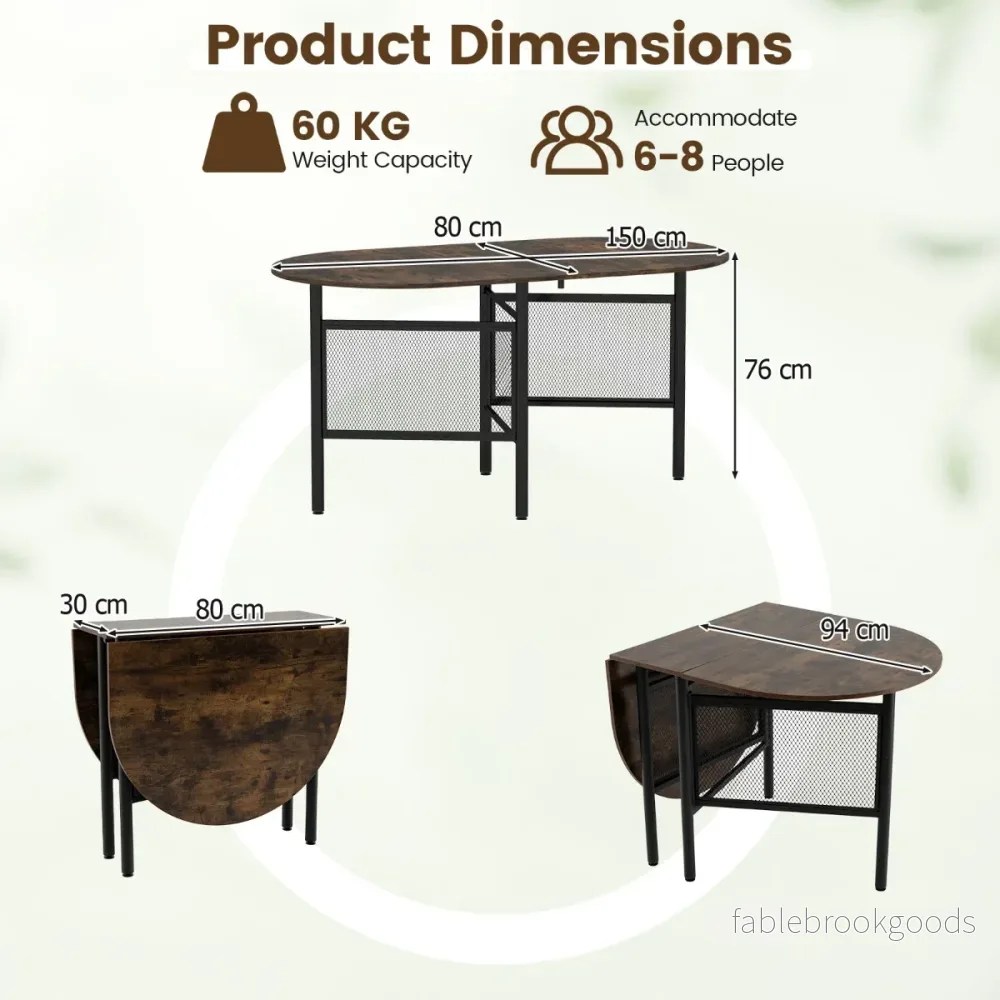 Fällbar – matsalsbord för personer Plattsparande fällbord Oval köksbord – 6-8 – Brun + svart - Bild 2