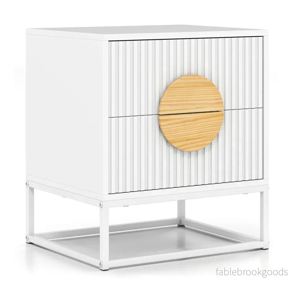 Gerillad – nattduksbord sidobord med lådor, furuhandtag och metallram, modernt mid century i vitt – 2 – Vit