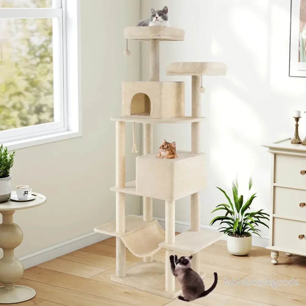 Stor – klösstång, flerstegs med grottor, liggytor, sisal klösstolpe – 2 2 205 cm – Beige - Bild 3