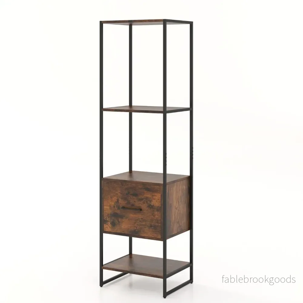 vånings – bokhylla med låda och metallram Modern stående – 5 – Brun