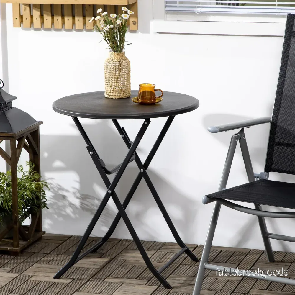 Runt hopfällbart trädgårdsbord – 60 cm, mörkgrå trälook - Bild 2