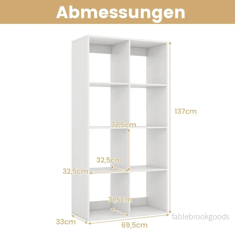 kubers – bokhylla modern kubhylla med skyddsräcke på baksidan och tippskyddssats – 8 69,5 x 33 x 137 cm – Vit - Bild 2