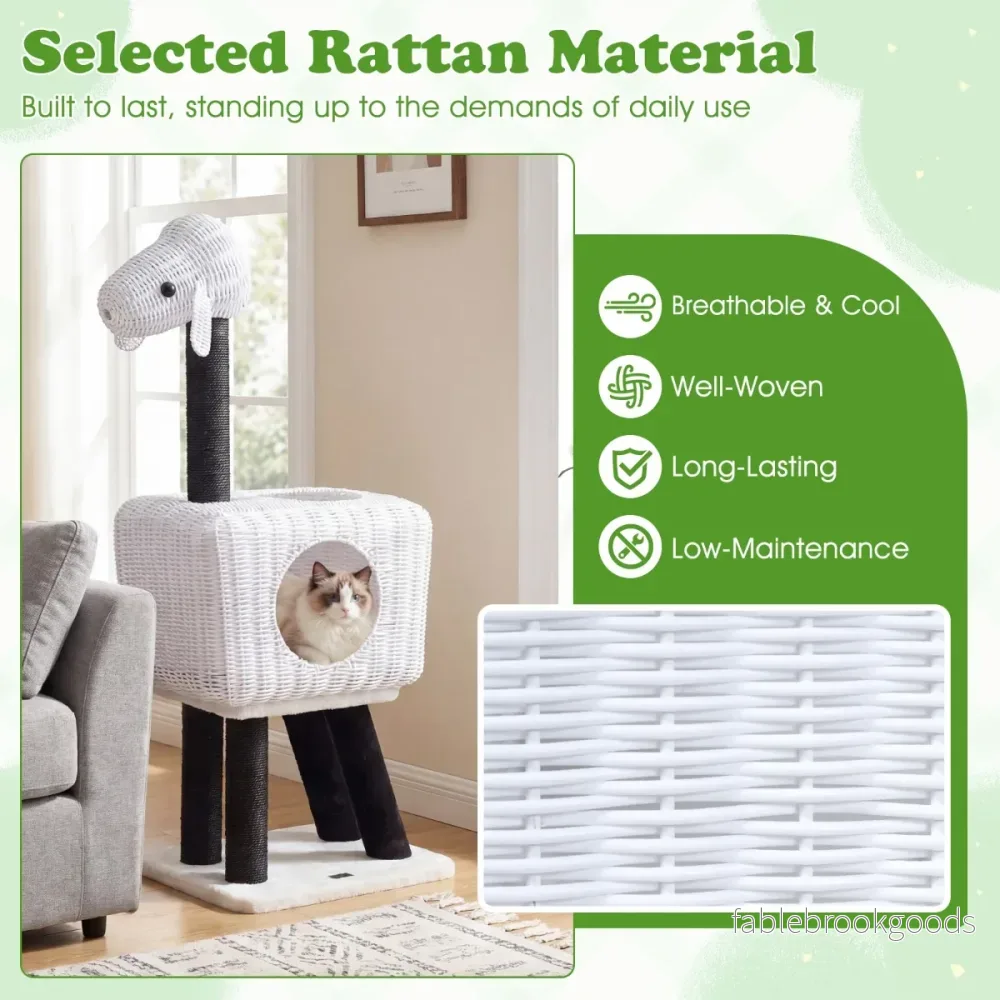 Kattklättra – Rattan Kattornament i Fårodesign med Katthåla Sisalstammar och Hängande Lekboll – 110 cm – Vit - Bild 3