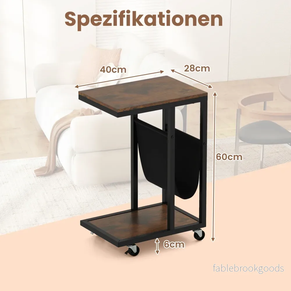 Sidobord – med hjul C form Soffbord Kaffeebord Vardagsrumsbord metallram – Brun - Bild 2