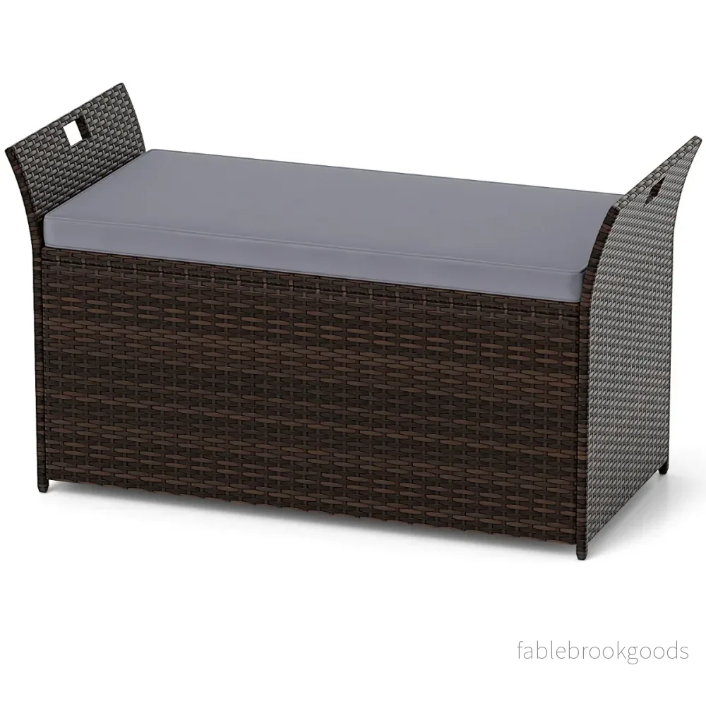 Trädgårdsbänk – med förvaring Polyrattan sittbänk kuddar och sidogrepp Kuddbox – Grå