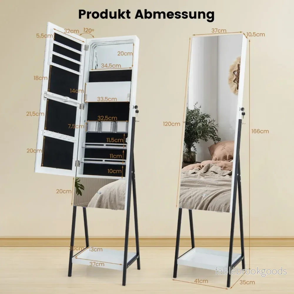 Smyckesskåp – med spegel Låsbart färgade LED belysning – 3 41 x 35 x 166 cm – Vit - Bild 2