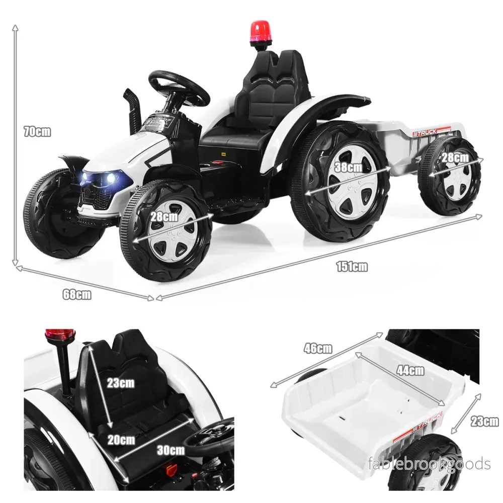 Leksakstraktor – med släp för barn 12V åktraktor – 151 x 68 x 70 cm – Vit - Bild 2