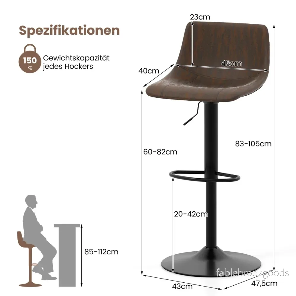 pack – Barstolar höj och sänkbara, snurrbara med ryggstöd fotstöd, rustik – 2 60-82 cm – Brun - Bild 2