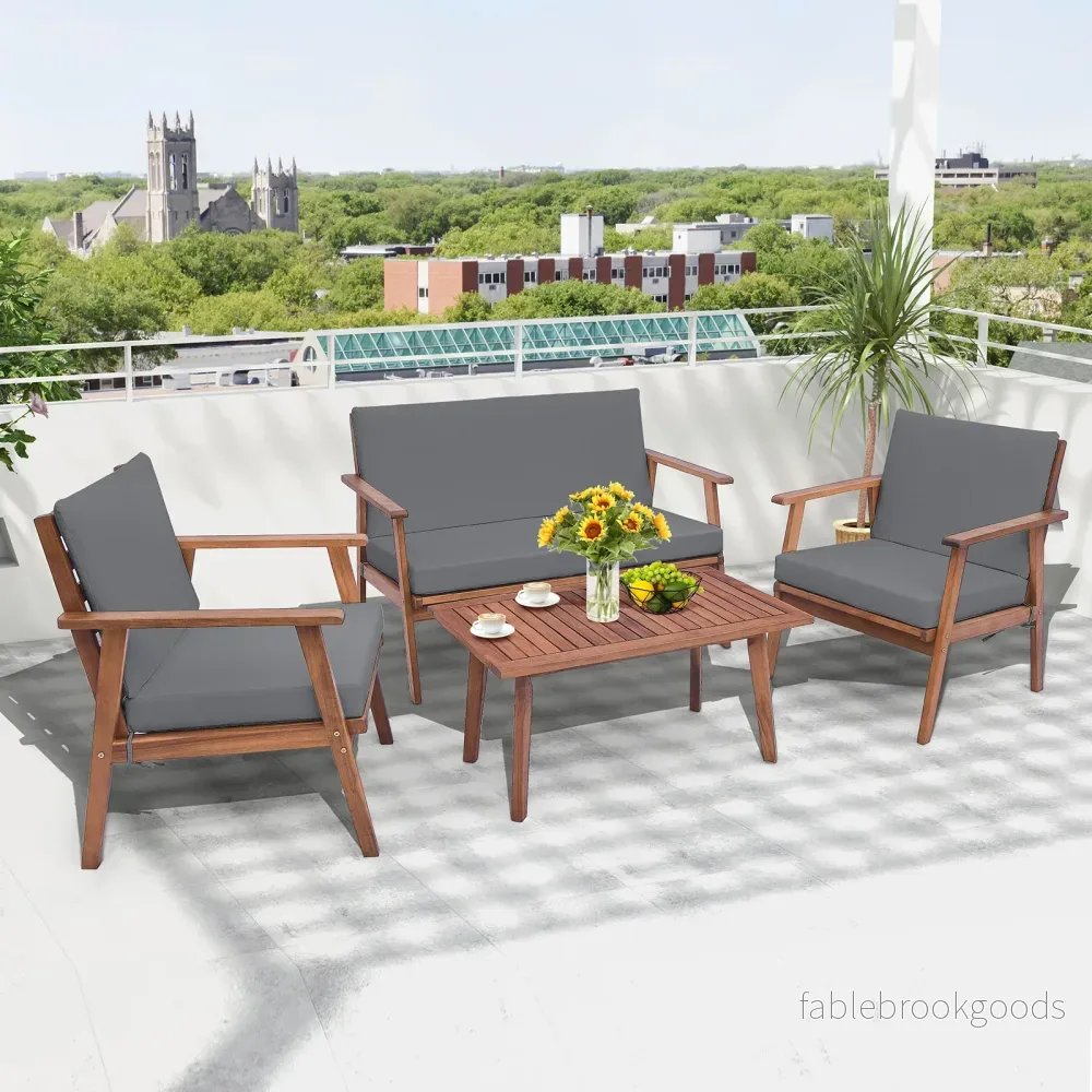 delat – trädgårdsmöbelset balkongmöbler i akaciaträ terrassmöbler med sitt och ryggkuddar – 4 – Grå - Bild 3