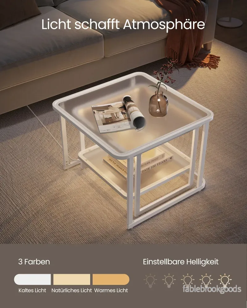 Soffbordsset om 2 med LED-ljus – härdat glas – vit-pärlvit - Bild 3