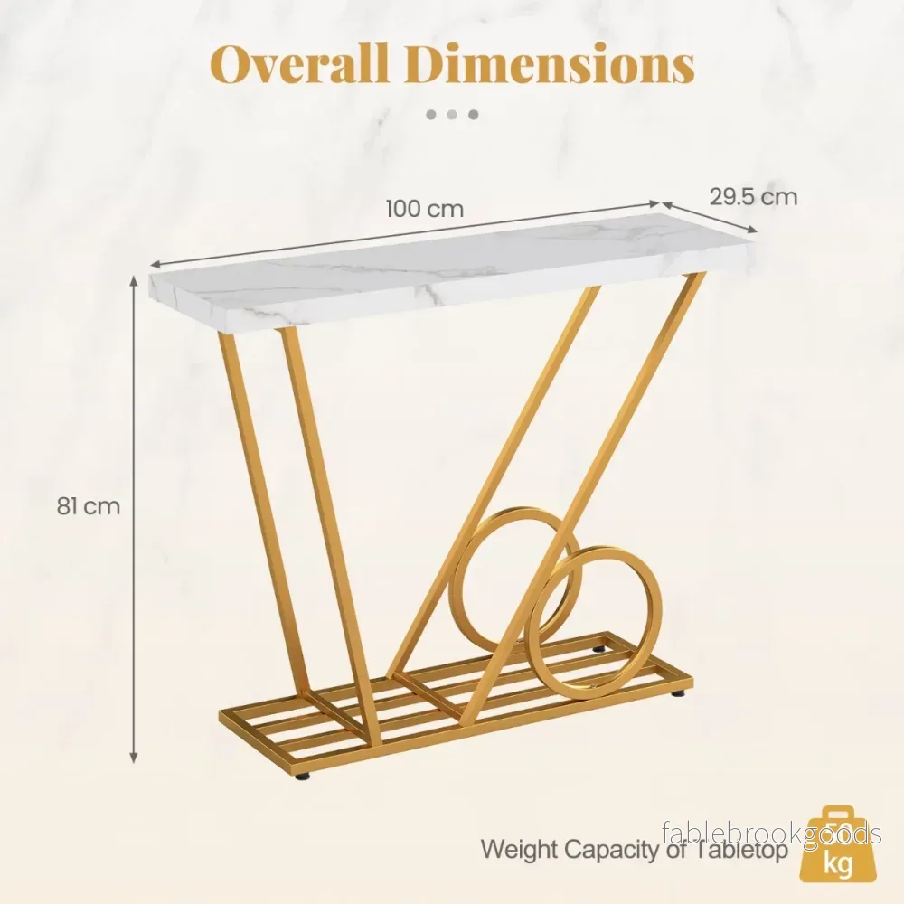 Konsollbord – Modern Infälldsbord med Marmor Optik och Vagn inspirerad Design Sidobord – 100 cm – Vit - Bild 2