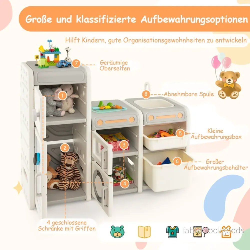Leksaksskåp – för barn med magnetisk whiteboardtavla och avtagbar diskbänk kran – Grå - Bild 2