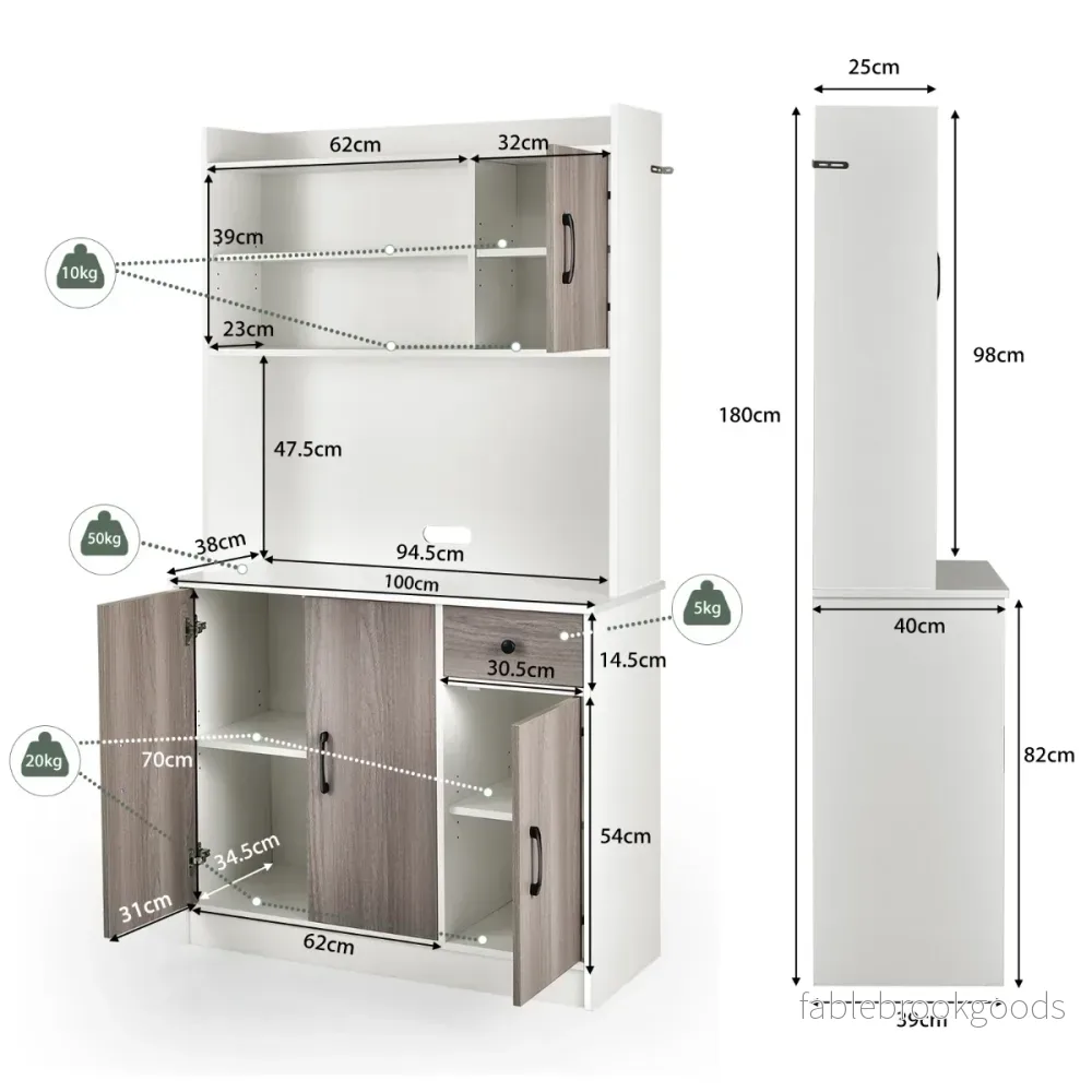 Köksskåp – med Laddstation och Bänkskiva Lådbuffé Skänk – 180 cm – Vit - Bild 2