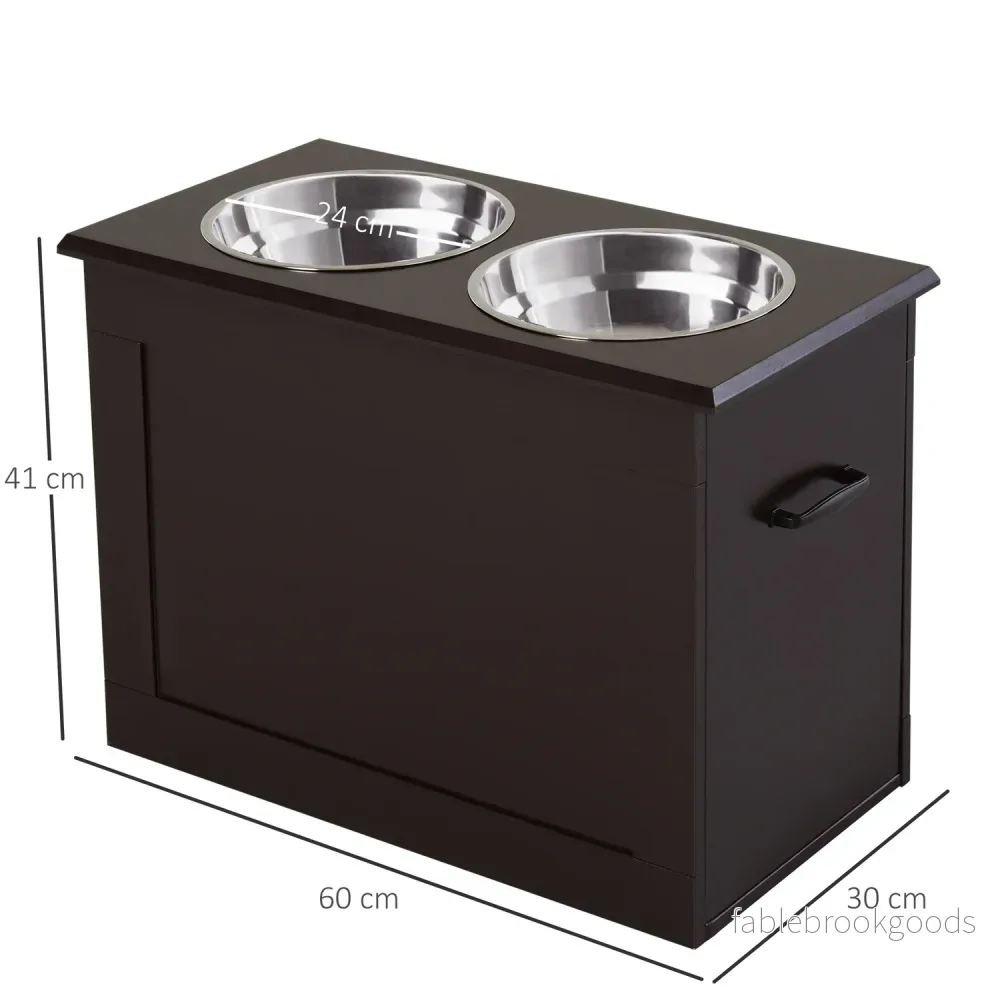 Utfodringsstation för husdjur, dubbla skålar i rostfritt stål, MDF Espresso Finish - Bild 3