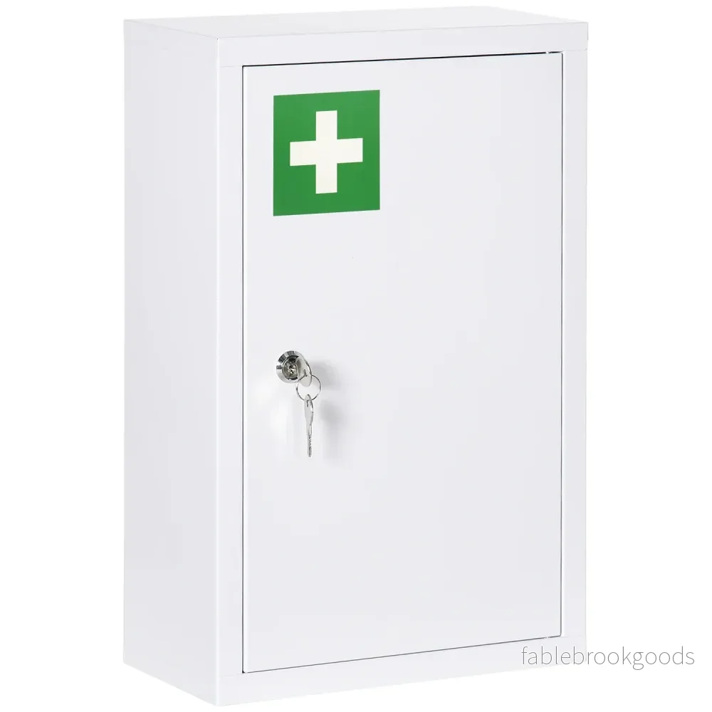 Låsbart medicinskåp i stål, 3 hyllor, 2 nycklar, vit