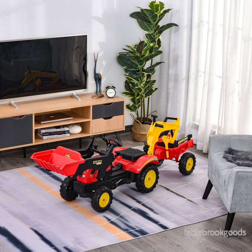 Pedaltraktor för barn med släp och frontlastare, röd - Bild 2